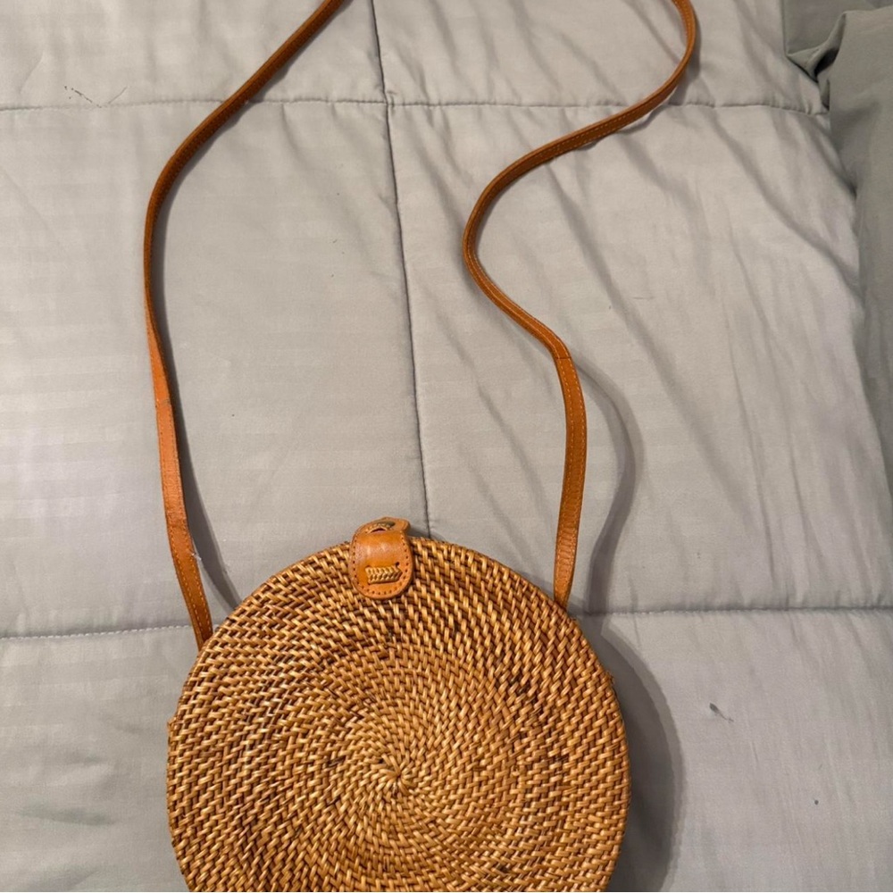 Round Tan Woven Crossbody Bag